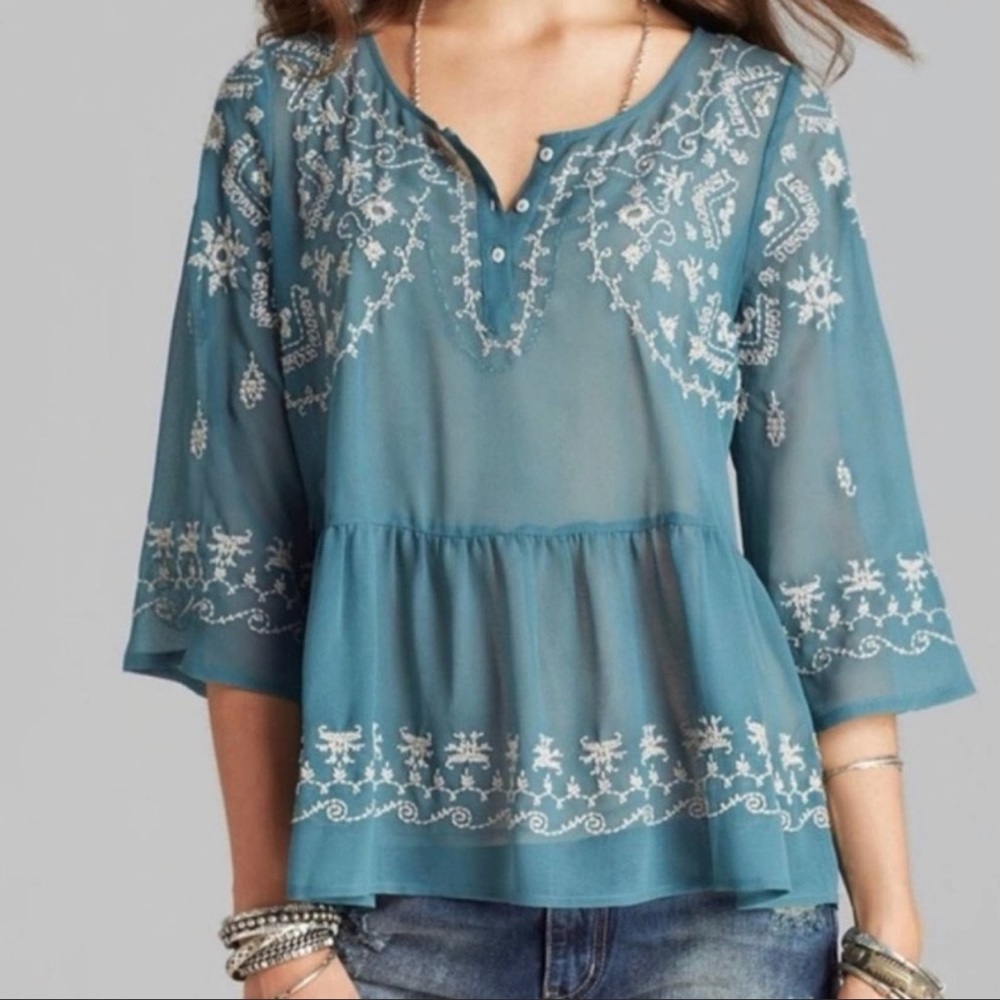Free People Sheer Teal Embroidered Blouse